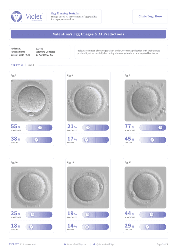 Page three of the VIOLET oocyte quality report for egg freezing patients